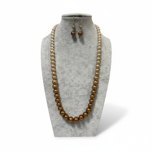 Brown Cream Glass Faux Pearl Ombre Look gradual Necklace Earring Set - Picture 1 of 2